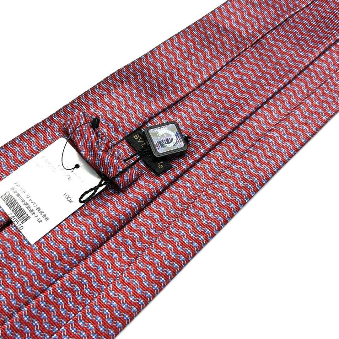 【新品タグ付き✨】ブルガリ ネクタイ レッド セッテピエゲ 総柄 肉厚生地