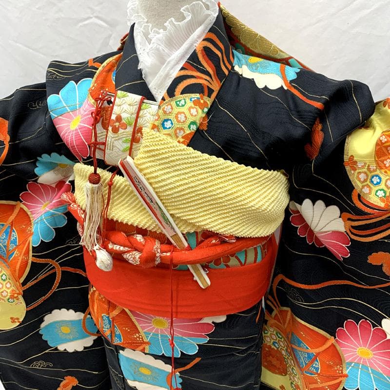 502ag6,楽々衿□七五三 小柄な七歳 セミアンティーク 女児 着物&丸帯