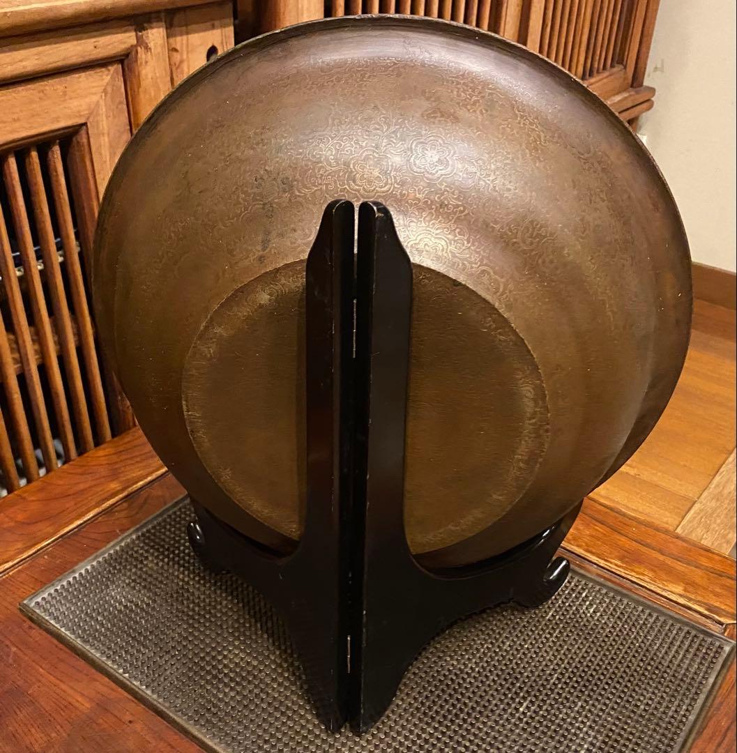 中国　清代　黄青銅　装飾洗面器　鑑賞スタンド付 ・ヴィンテージ レア