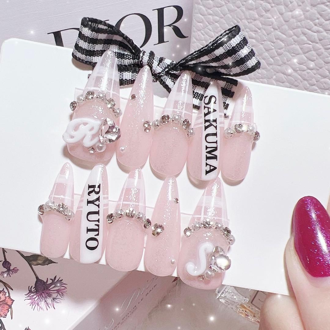 お急ぎ便A♡ネイルチップ 量産型 フレンチ チェック柄 白 ワンホン ちゅるん