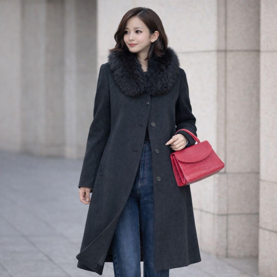 極美品 カシミヤ100 ロングコート フォックスファー Aライン ブラック