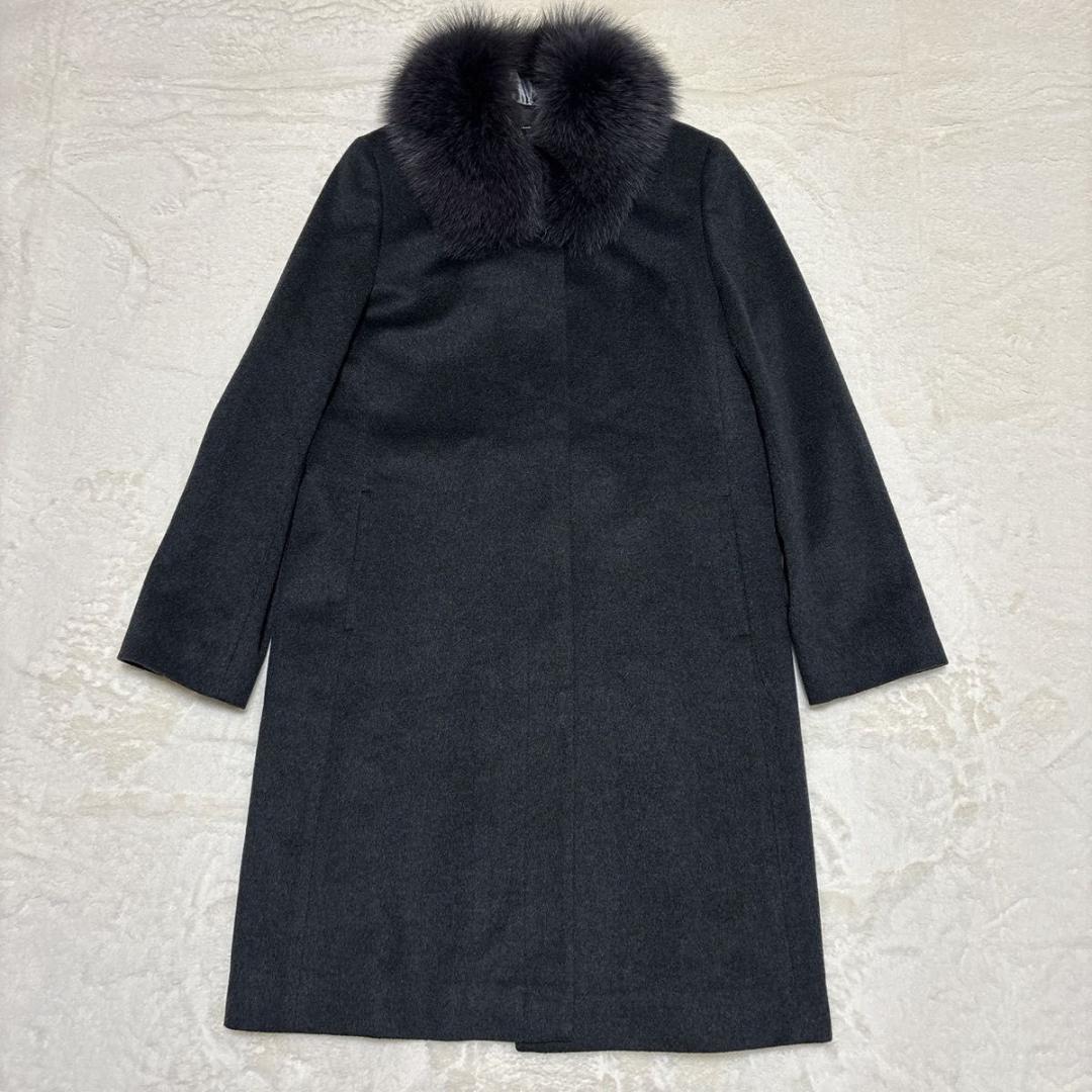 極美品 カシミヤ100 ロングコート フォックスファー Aライン ブラック