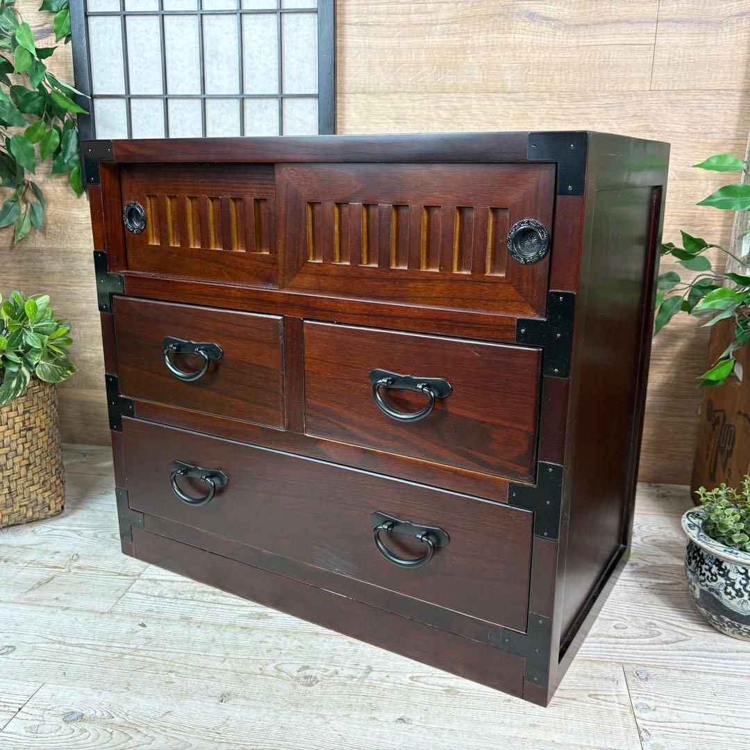 訳あり品【129】民芸家具引き戸付きタンスチェスト木製桐材無垢収納家具多引き出し