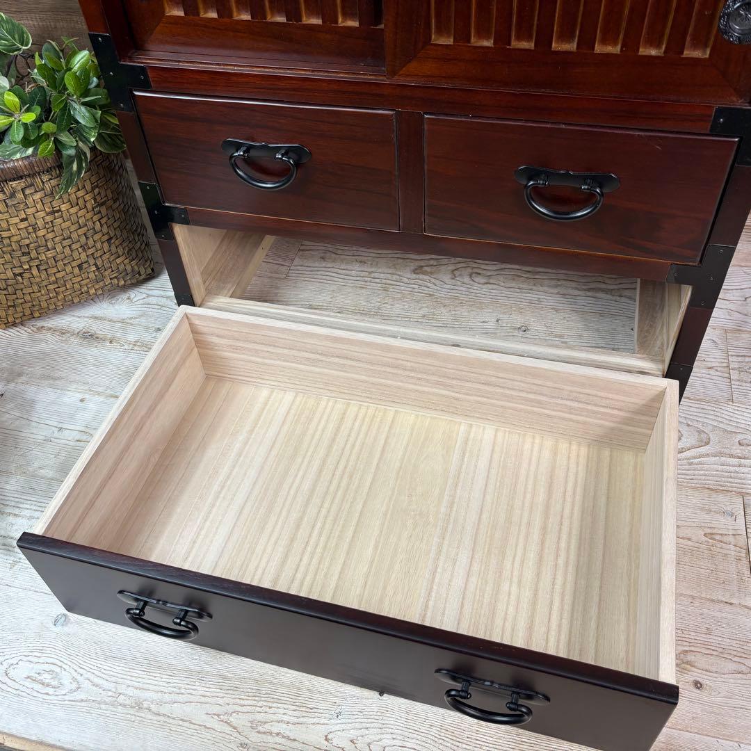 訳あり品【129】民芸家具引き戸付きタンスチェスト木製桐材無垢収納家具多引き出し