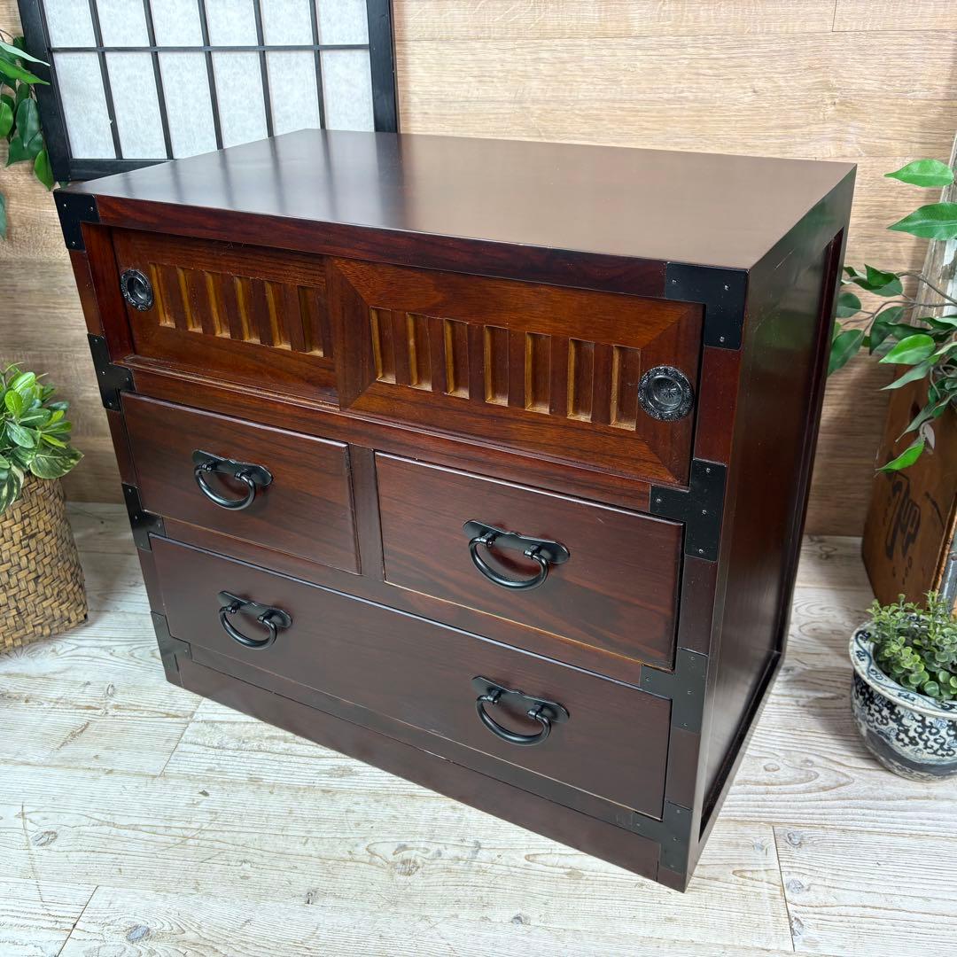 訳あり品【129】民芸家具引き戸付きタンスチェスト木製桐材無垢収納家具多引き出し