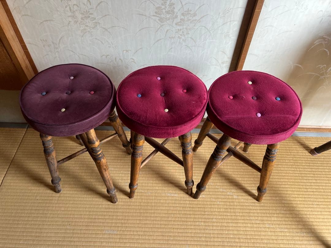 old maison アンティークチェア　スツール　丸椅子　木製＋布貼り　3脚