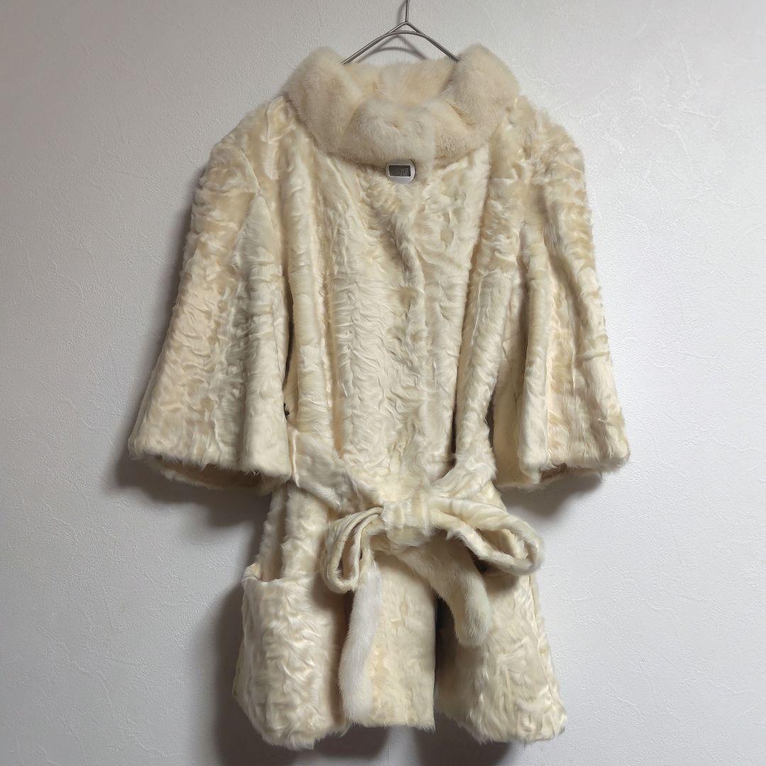 ミンク ファーコート　リアルファー　ベルト付き 七分袖 ミンク クリーム色