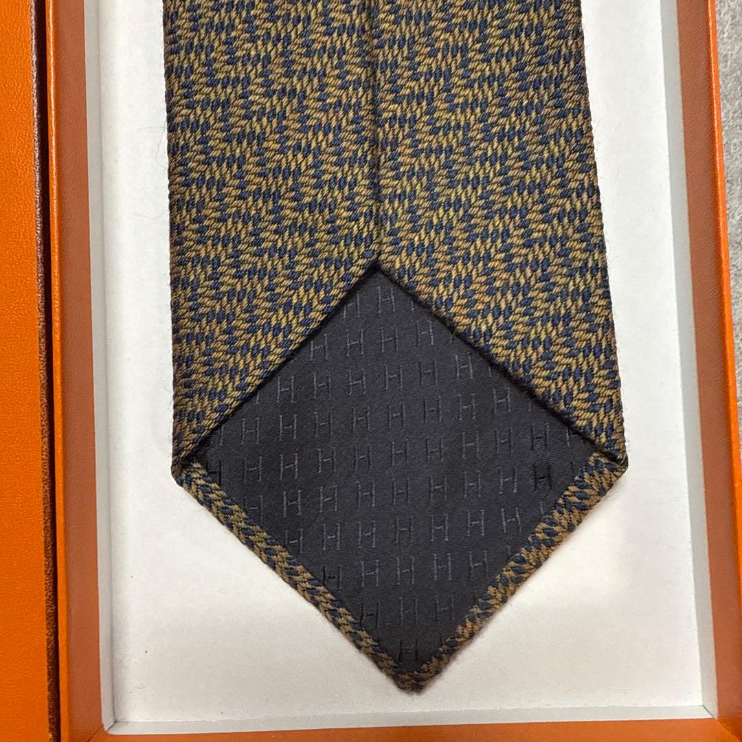 美品　エルメス　ネクタイ　茶色・紺　シルクウール　ジャガード