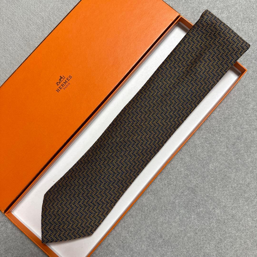 美品　エルメス　ネクタイ　茶色・紺　シルクウール　ジャガード