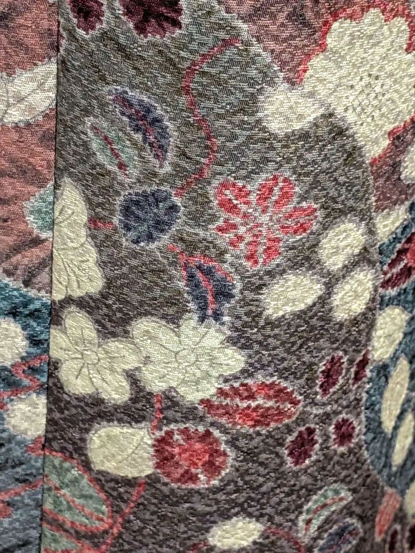 A272着物リメイク辻が花柄Aラインワンピース★リボン・ブローチ