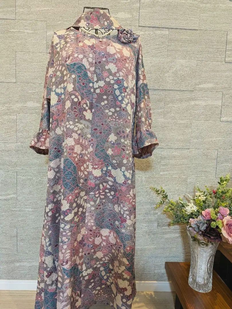 A272着物リメイク辻が花柄Aラインワンピース★リボン・ブローチ