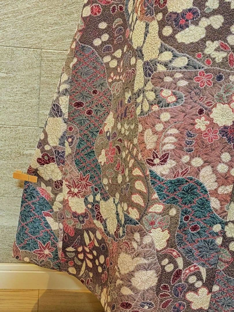 A272着物リメイク辻が花柄Aラインワンピース★リボン・ブローチ