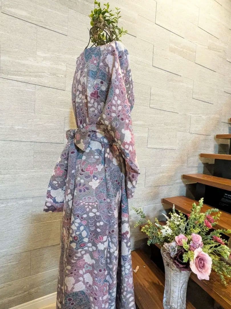 A272着物リメイク辻が花柄Aラインワンピース★リボン・ブローチ