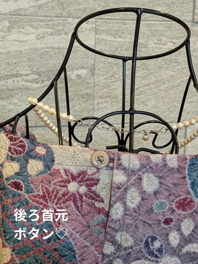 A272着物リメイク辻が花柄Aラインワンピース★リボン・ブローチ