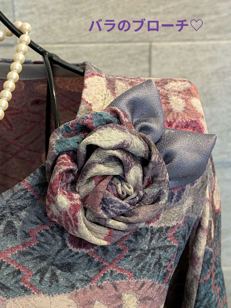 A272着物リメイク辻が花柄Aラインワンピース★リボン・ブローチ