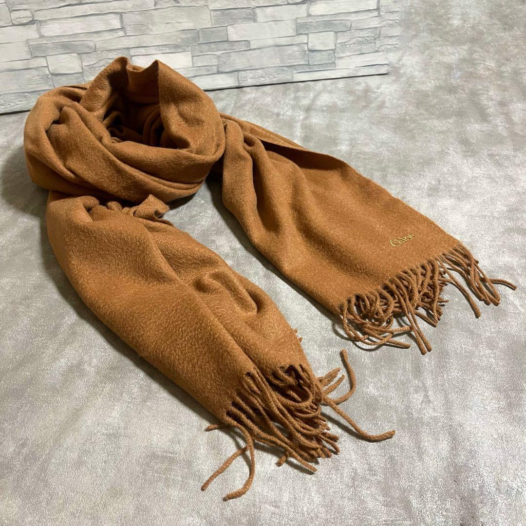 美品 Chloe クロエ カシミヤ マフラー フリンジ ユニセックス ロゴ