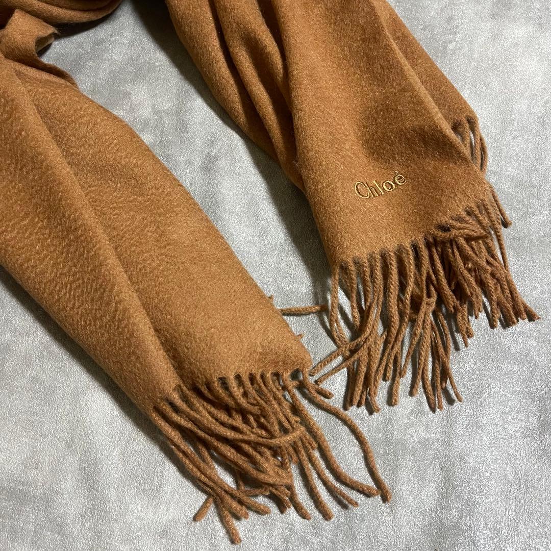 美品 Chloe クロエ カシミヤ マフラー フリンジ ユニセックス ロゴ