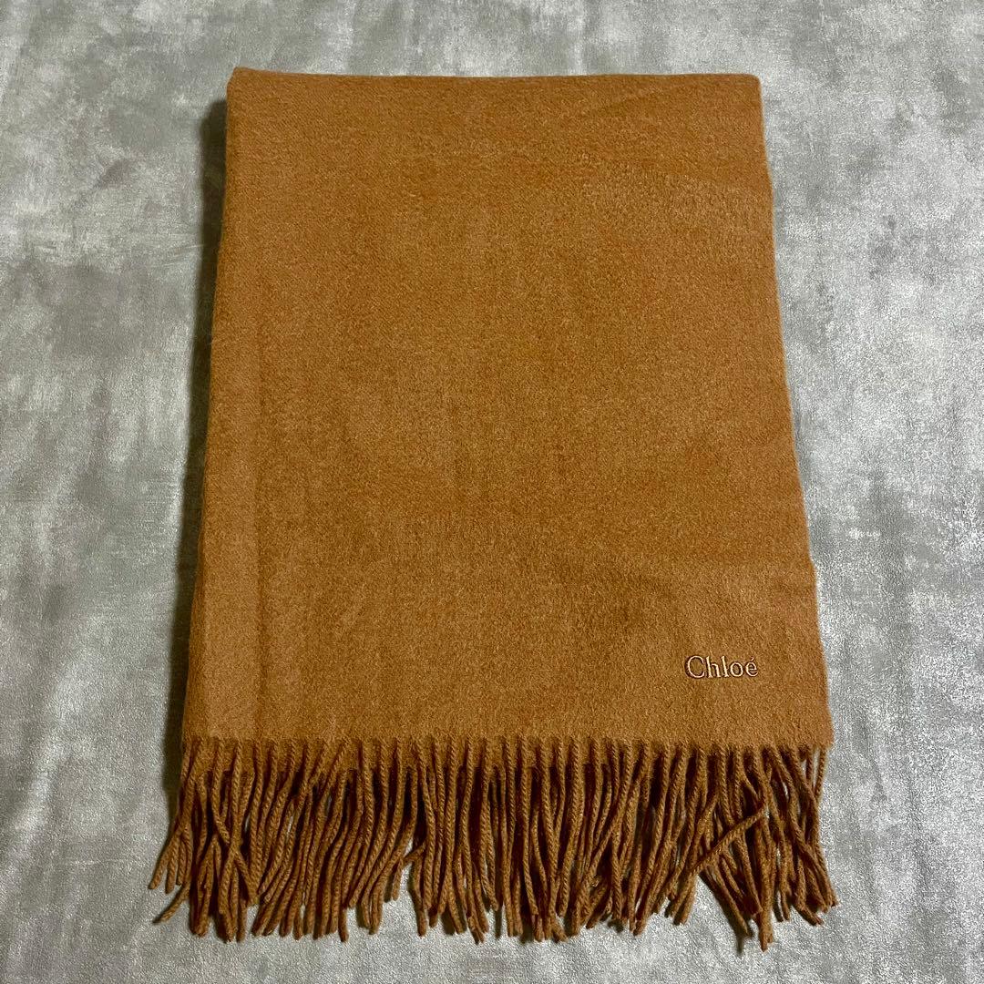 美品 Chloe クロエ カシミヤ マフラー フリンジ ユニセックス ロゴ