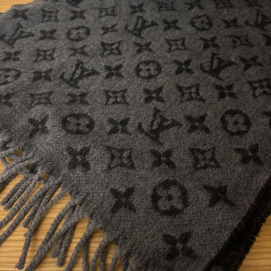 美品　ルイヴィトン　カシミヤ混マフラー　モノグラムグラディエント　ブラックグレー