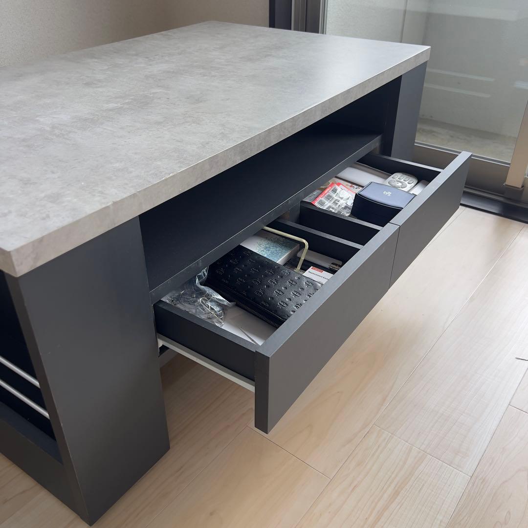 テーブル　キャスター付　大理石調　横収納　引き出し4個　高級感あり