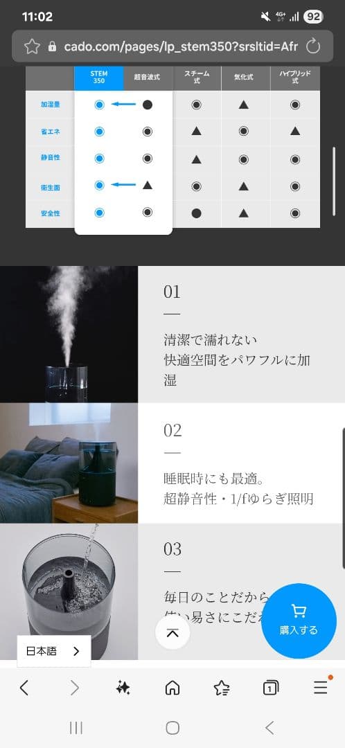 cado 置き型加湿器 STEM350 ブラック