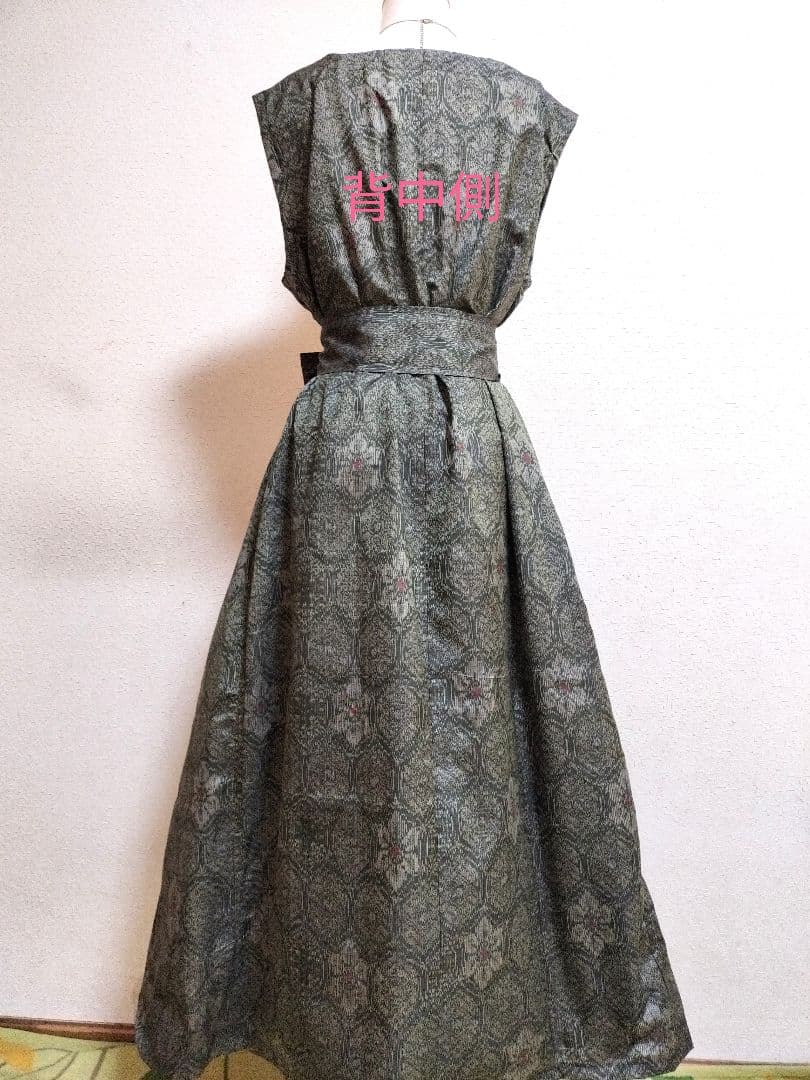 1876　着物リメイク☆大島紬Aラインロングワンピース+お出かけリングバック