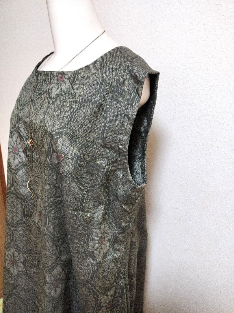 1876　着物リメイク☆大島紬Aラインロングワンピース+お出かけリングバック