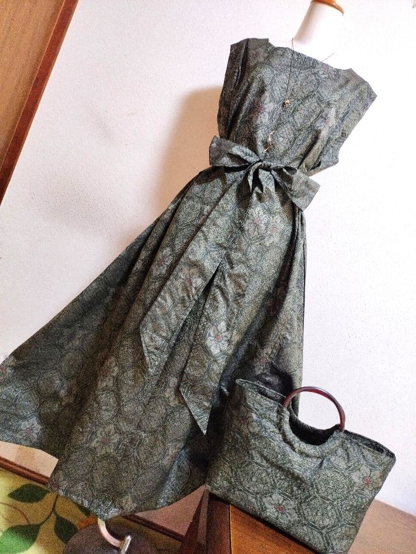 1876　着物リメイク☆大島紬Aラインロングワンピース+お出かけリングバック