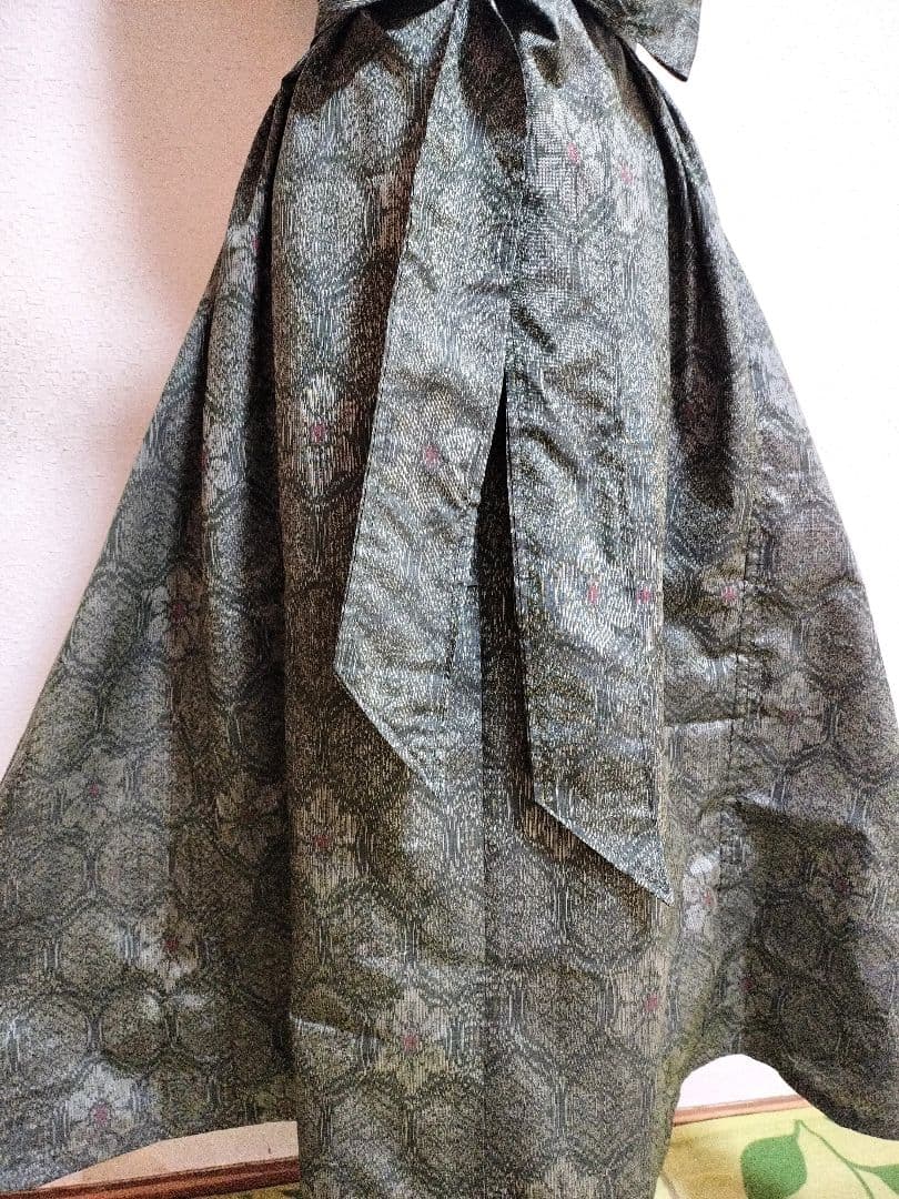 1876　着物リメイク☆大島紬Aラインロングワンピース+お出かけリングバック