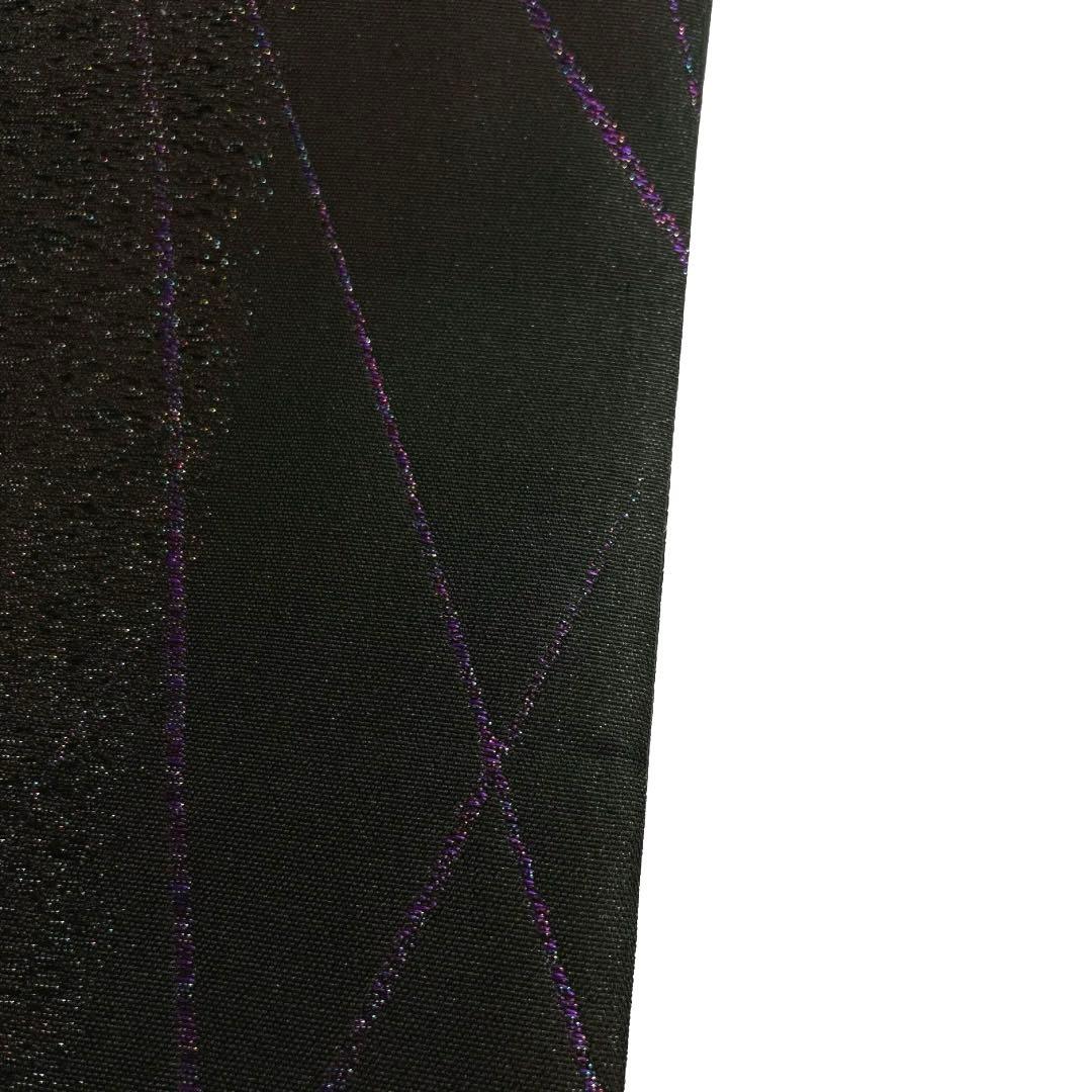 袋帯　幾何学模様　黒地　紫　銀通し　全通　着物　075w d