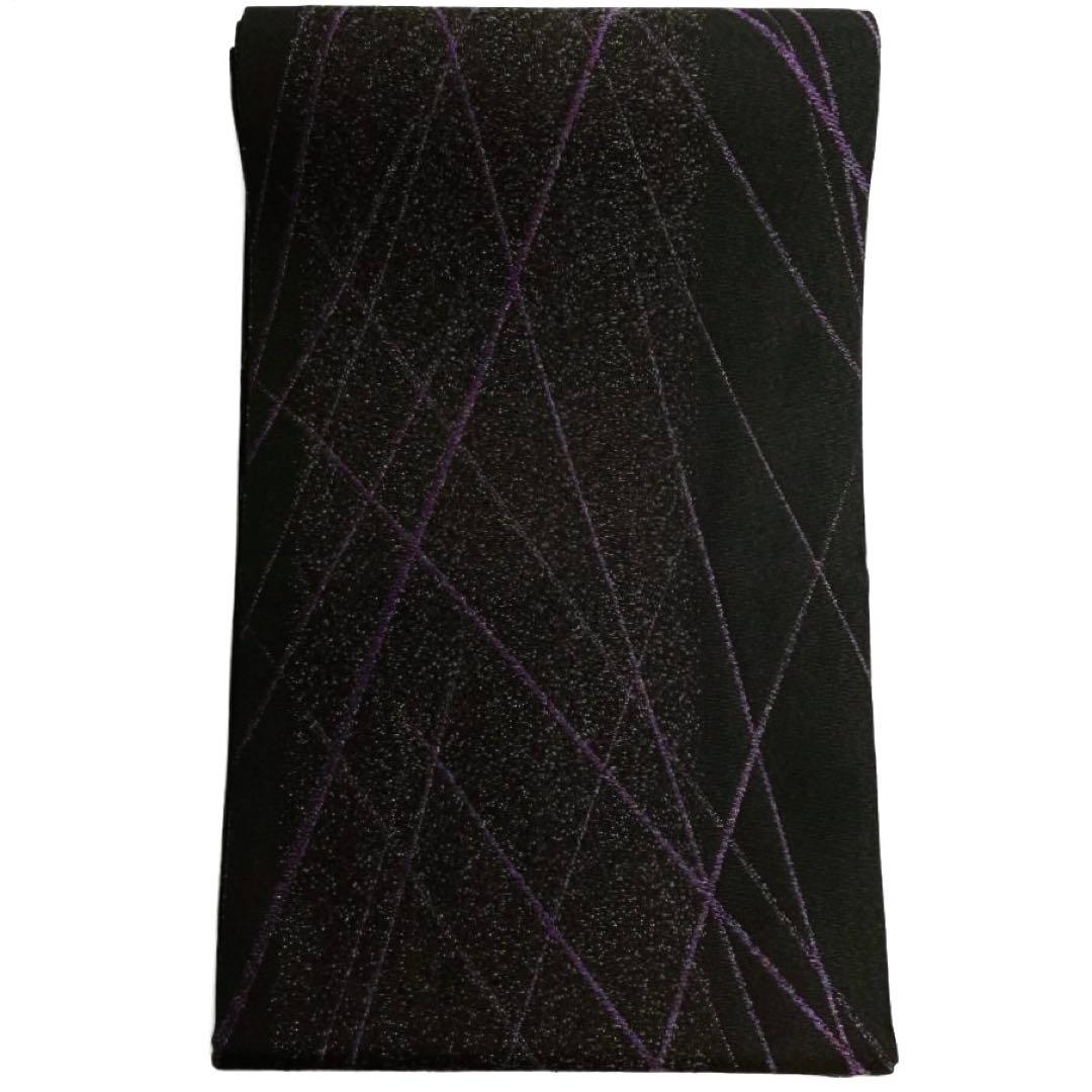 袋帯　幾何学模様　黒地　紫　銀通し　全通　着物　075w d