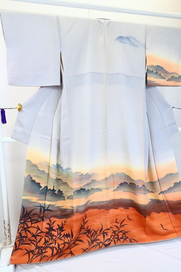 ★専用★訪問着 ブルーグレー オレンジ系 夕暮れの京風景身丈163.0cm 正絹