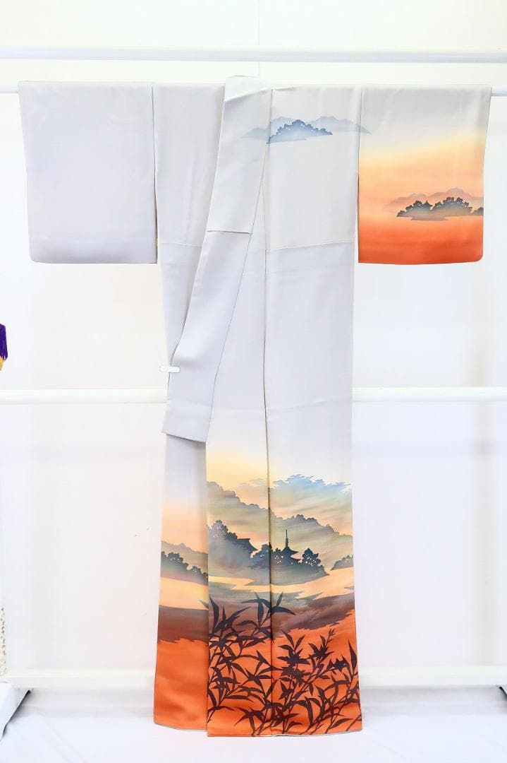 ★専用★訪問着 ブルーグレー オレンジ系 夕暮れの京風景身丈163.0cm 正絹