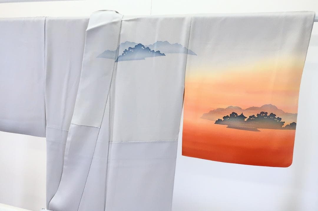 ★専用★訪問着 ブルーグレー オレンジ系 夕暮れの京風景身丈163.0cm 正絹