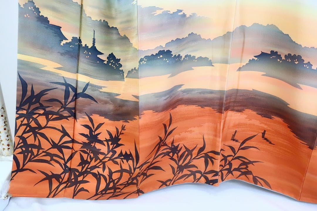 ★専用★訪問着 ブルーグレー オレンジ系 夕暮れの京風景身丈163.0cm 正絹