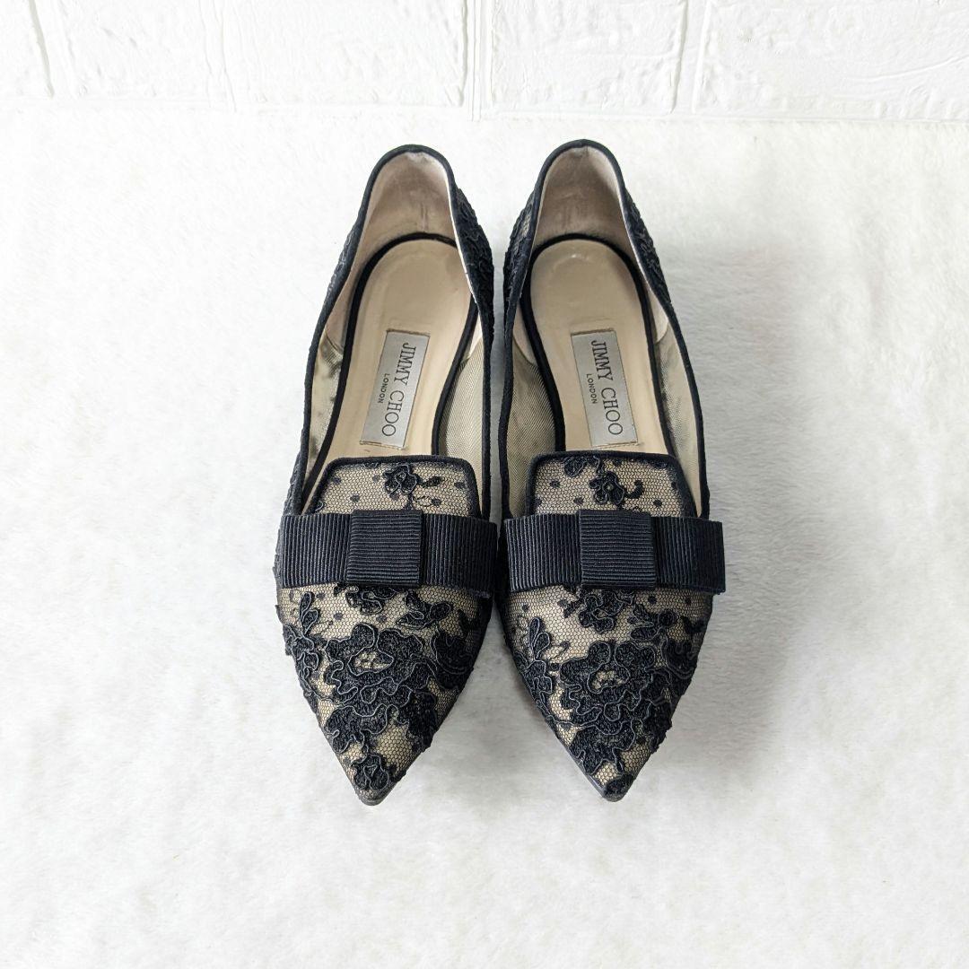 ✨人気✨JIMMY CHOO 総レース フラットシューズ フラワー 刺繍 黒