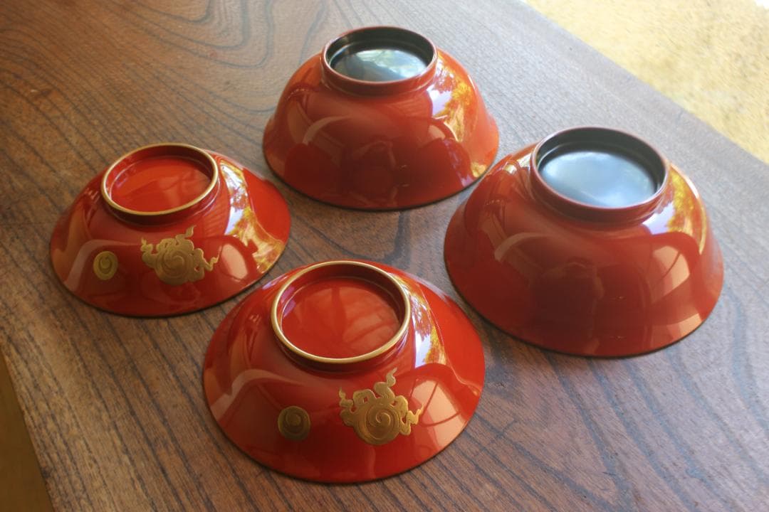 デッドストック！上質金縁朱漆に極上宝珠龍蒔絵の映えるお椀2点（検輪島塗京塗懐石椀