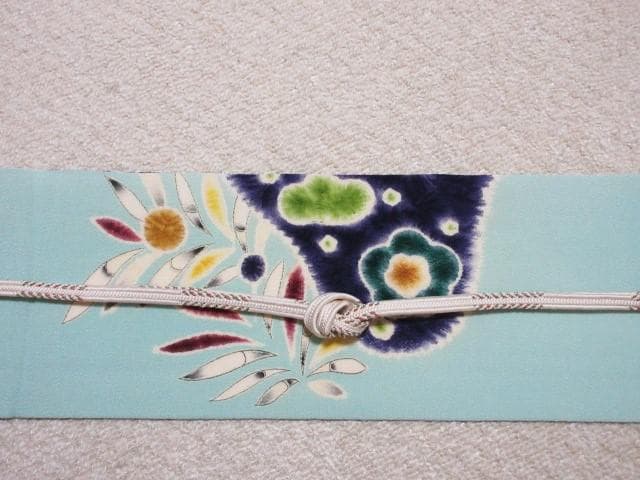 名古屋帯：美品：辻が花・菖蒲・ドット・葉っぱ：ミントブルー：正絹縮緬：P37