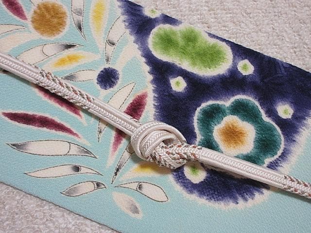 名古屋帯：美品：辻が花・菖蒲・ドット・葉っぱ：ミントブルー：正絹縮緬：P37