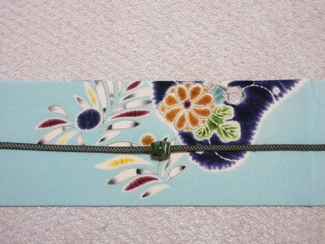 名古屋帯：美品：辻が花・菖蒲・ドット・葉っぱ：ミントブルー：正絹縮緬：P37