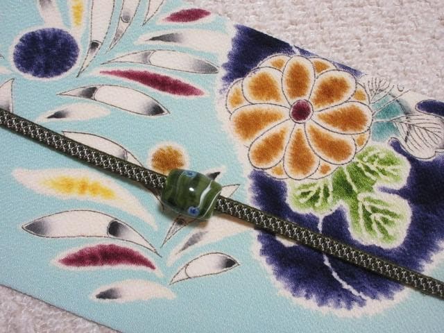 名古屋帯：美品：辻が花・菖蒲・ドット・葉っぱ：ミントブルー：正絹縮緬：P37