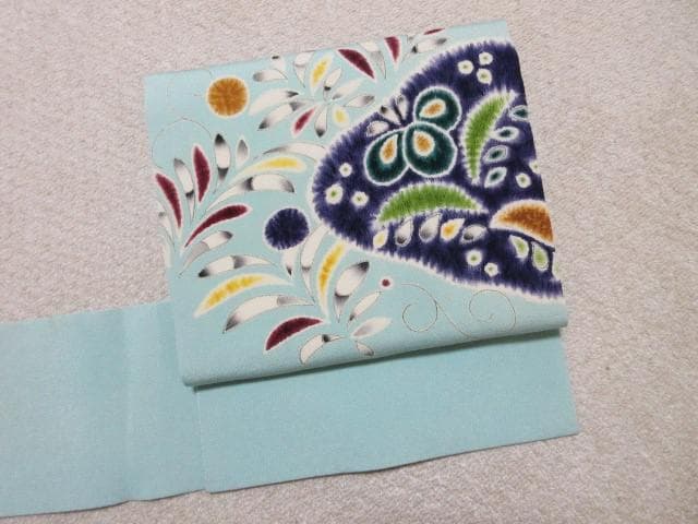 名古屋帯：美品：辻が花・菖蒲・ドット・葉っぱ：ミントブルー：正絹縮緬：P37