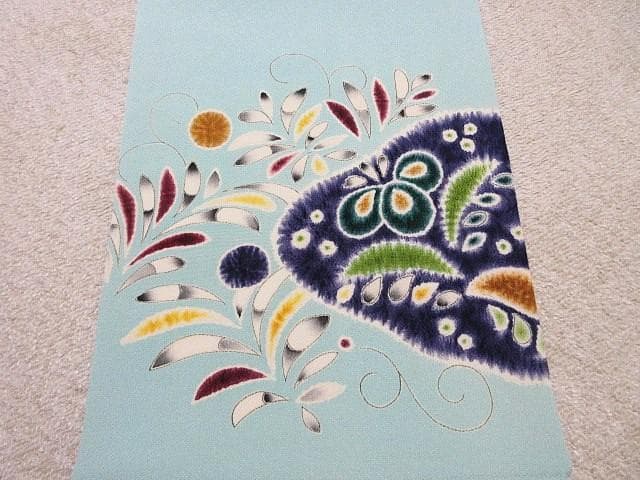 名古屋帯：美品：辻が花・菖蒲・ドット・葉っぱ：ミントブルー：正絹縮緬：P37