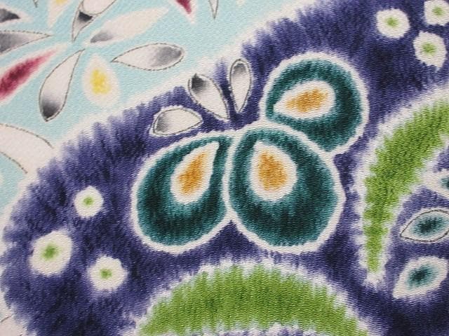 名古屋帯：美品：辻が花・菖蒲・ドット・葉っぱ：ミントブルー：正絹縮緬：P37