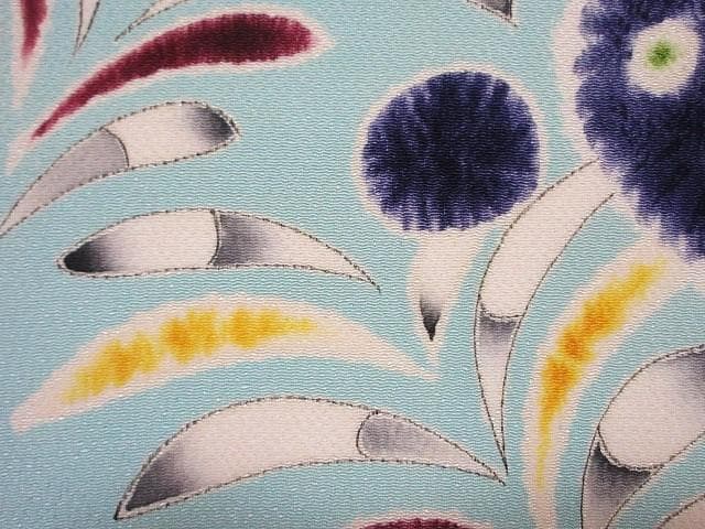 名古屋帯：美品：辻が花・菖蒲・ドット・葉っぱ：ミントブルー：正絹縮緬：P37