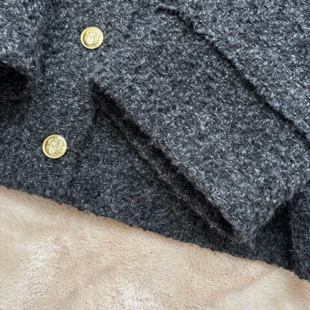 ラウンジドレス　ノーカラーツイードジャケット　金ボタン　グレー×ブラック