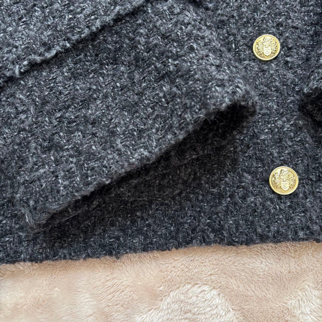 ラウンジドレス　ノーカラーツイードジャケット　金ボタン　グレー×ブラック