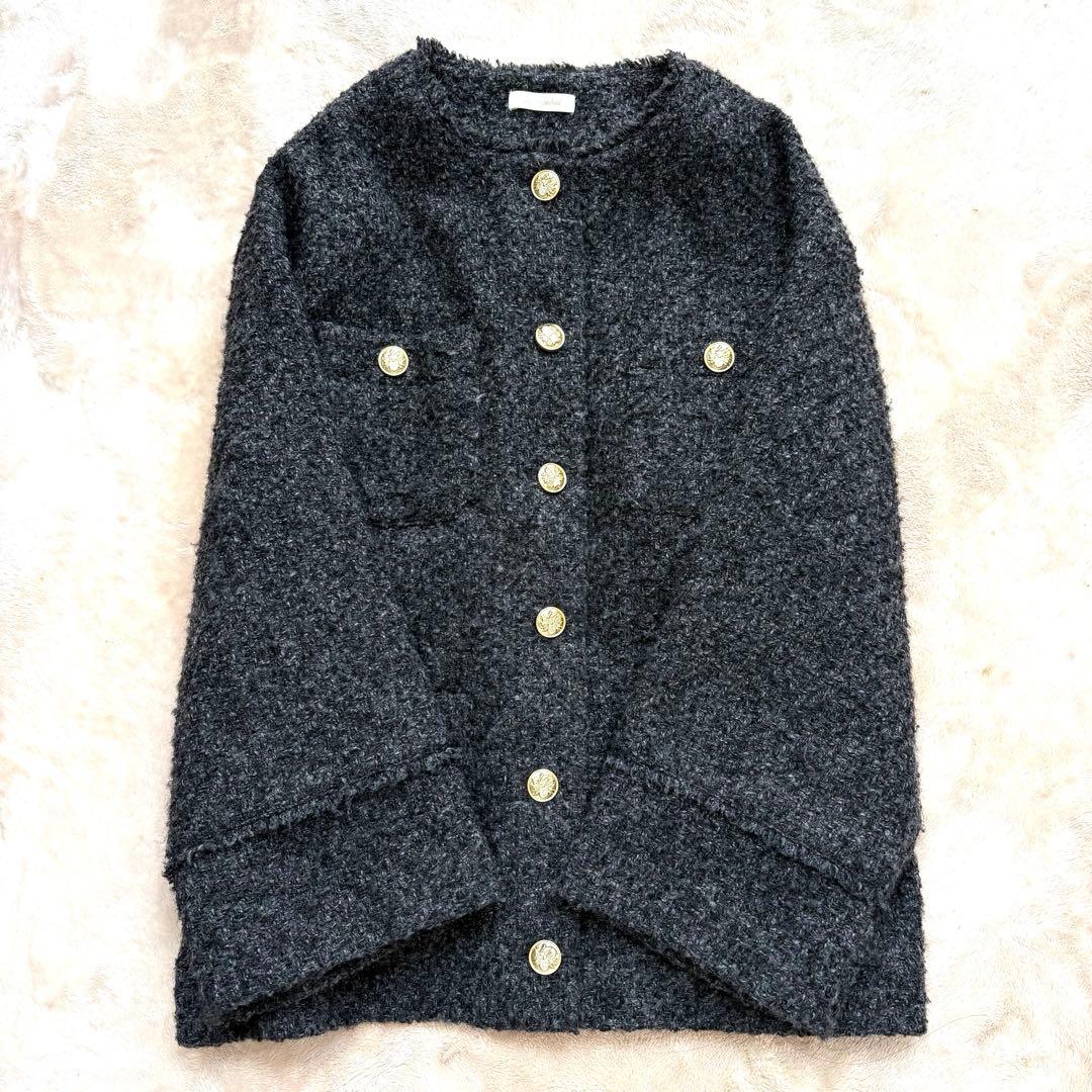 ラウンジドレス　ノーカラーツイードジャケット　金ボタン　グレー×ブラック