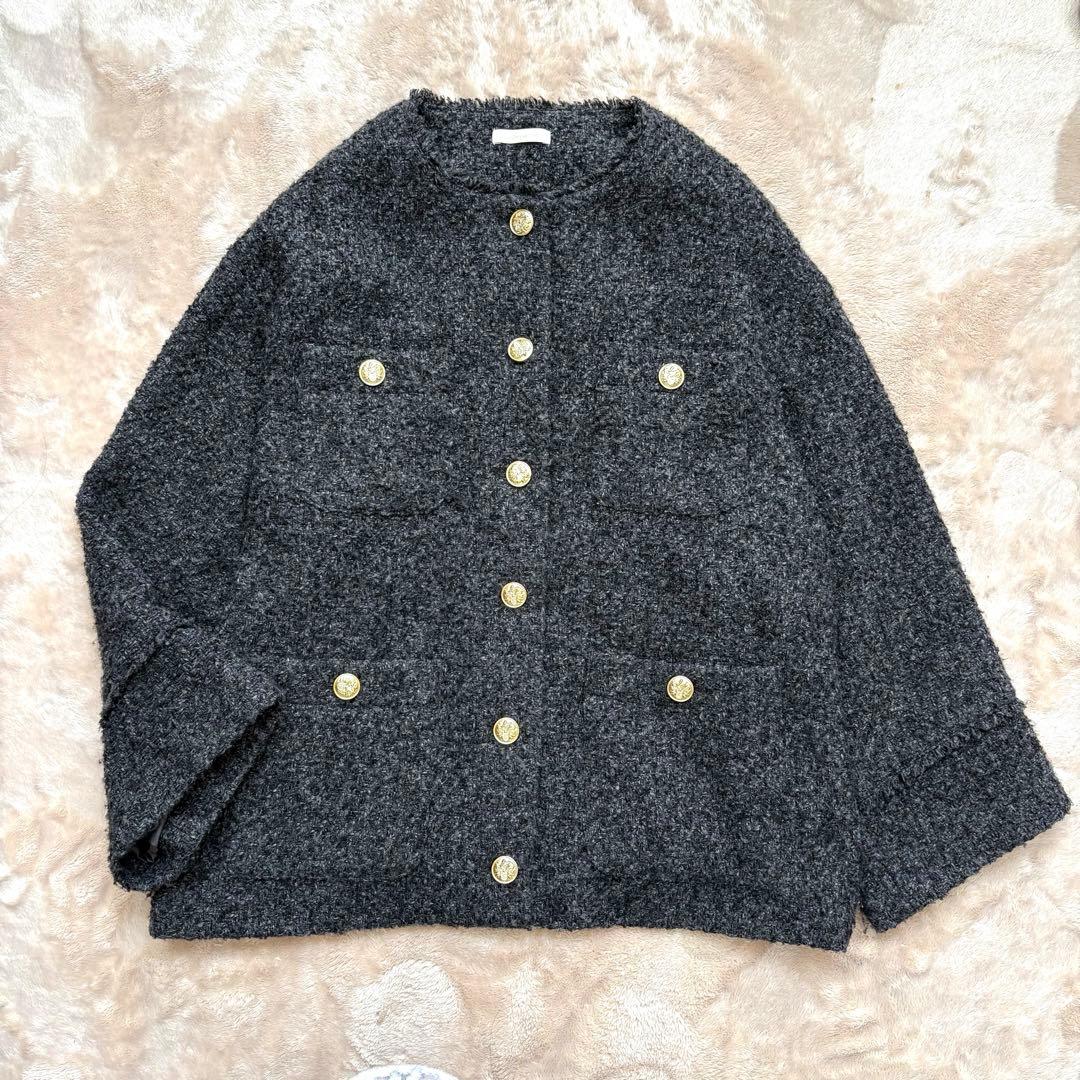 ラウンジドレス　ノーカラーツイードジャケット　金ボタン　グレー×ブラック