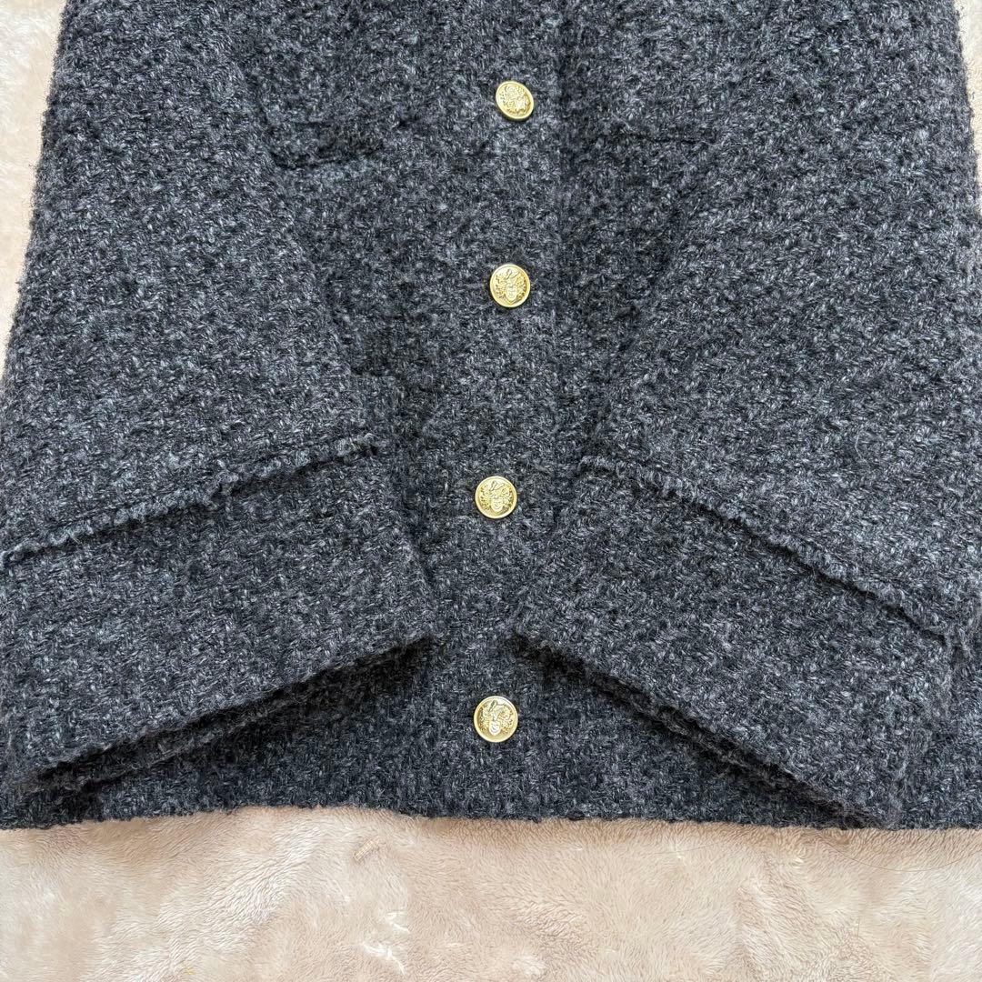 ラウンジドレス　ノーカラーツイードジャケット　金ボタン　グレー×ブラック